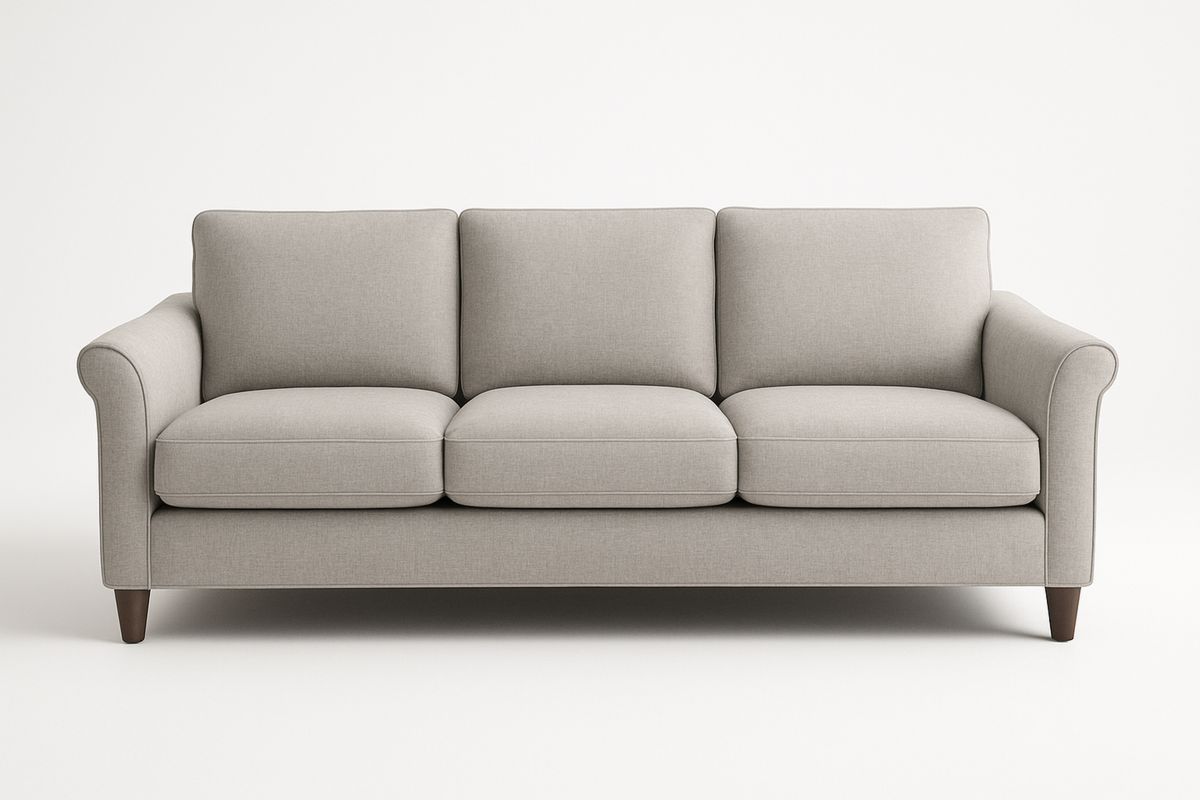 Grå stoff 3-seters sofa med eikeben