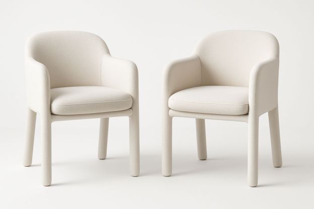 Sett med to stoler i kremhvit polyester og massivt tre