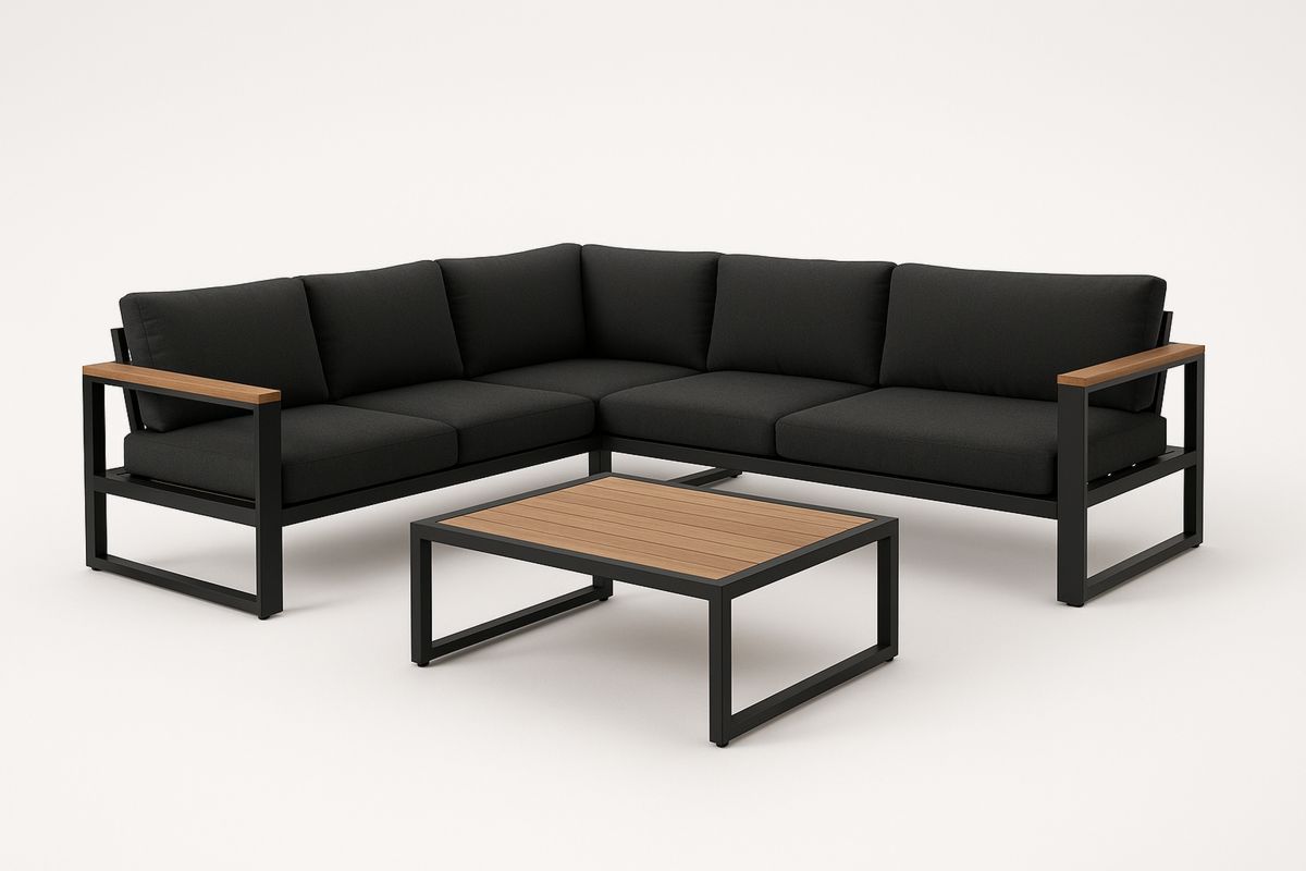 Hjørnesofa sett i metall og tre med bord