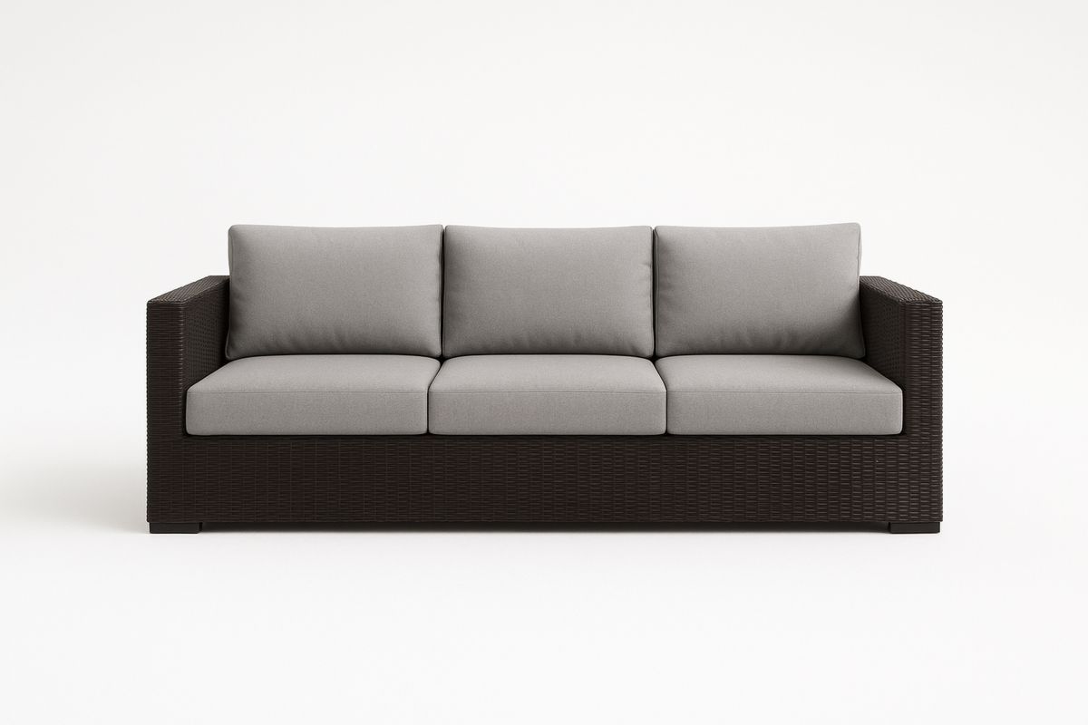 Utendørs 3-seters sofa i kunstrotting med grå polyesterputer