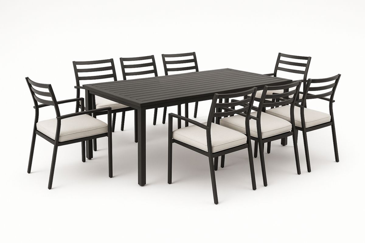 Utendørs spisebordsett metall rektangulær aluminium svart med beige puter 9 stk