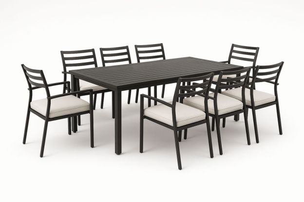 Utendørs spisebordsett metall rektangulær aluminium svart med beige puter 9 stk