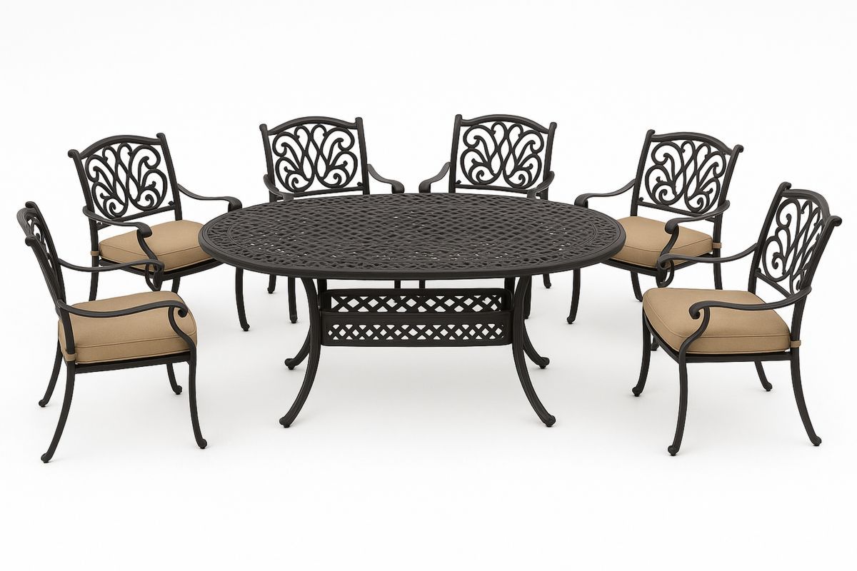 Oval Utendørs Spisesett i Metall med 6 Stoler og Puter