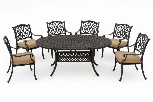 Oval Utendørs Spisesett i Metall med 6 Stoler og Puter