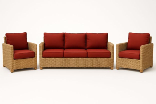 Utesofasett i polyrotting med røde puter, tre deler