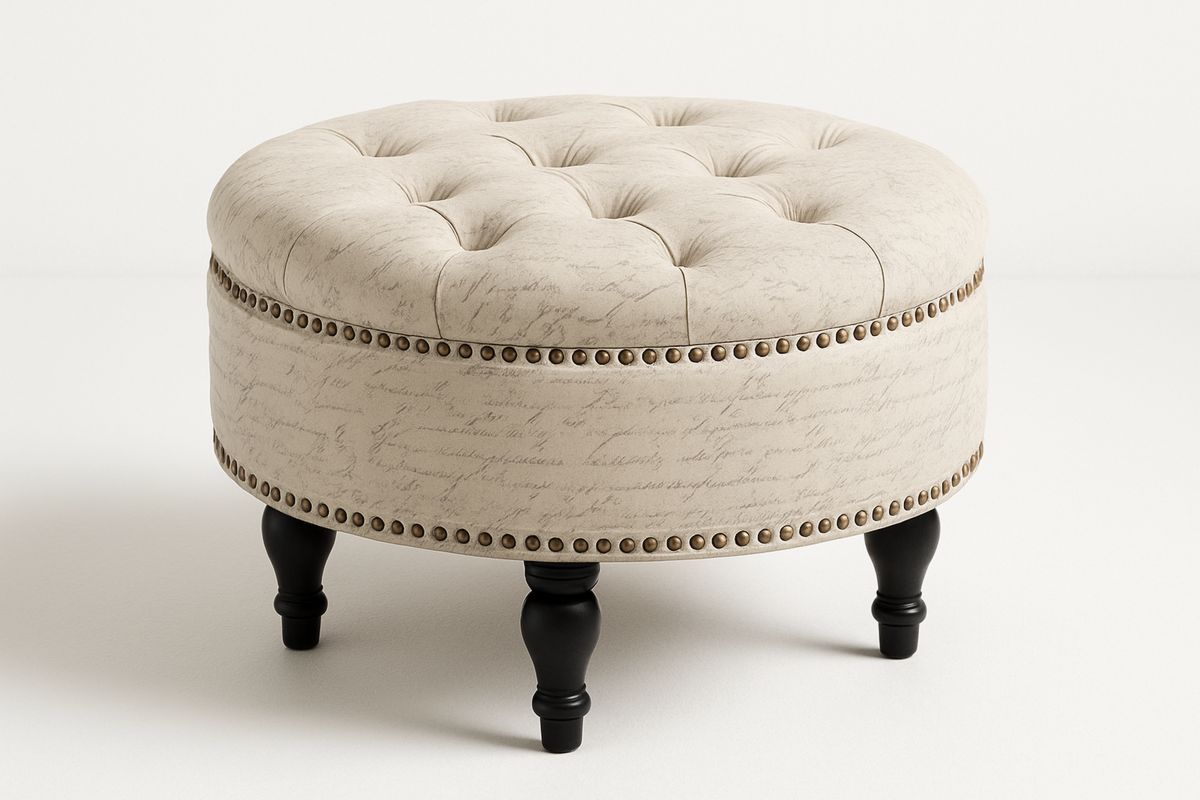 Rund osmann i beige polyester linmiks med treben