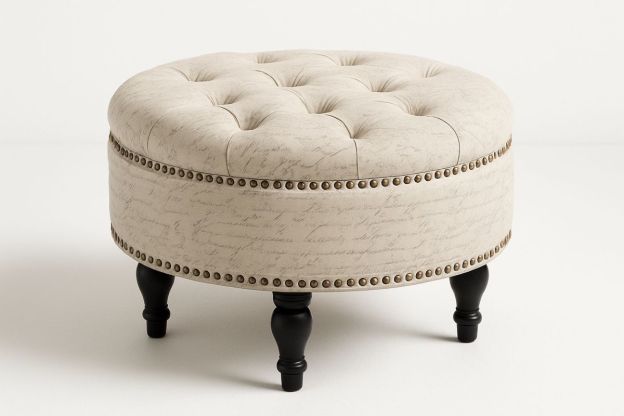 Rund osmann i beige polyester linmiks med treben