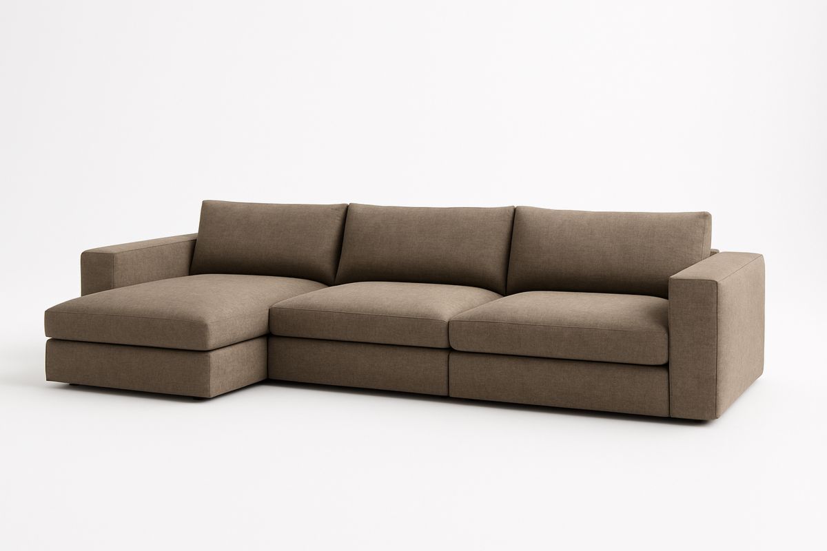 Brun stoffhjørnesofa med sjeselong venstre 230x150 cm