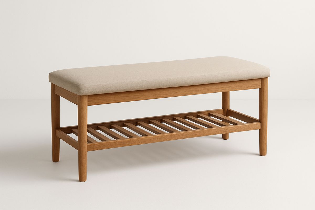 Sittebenk med oppbevaring i tre og tekstilstoff 100x40x45 cm beige