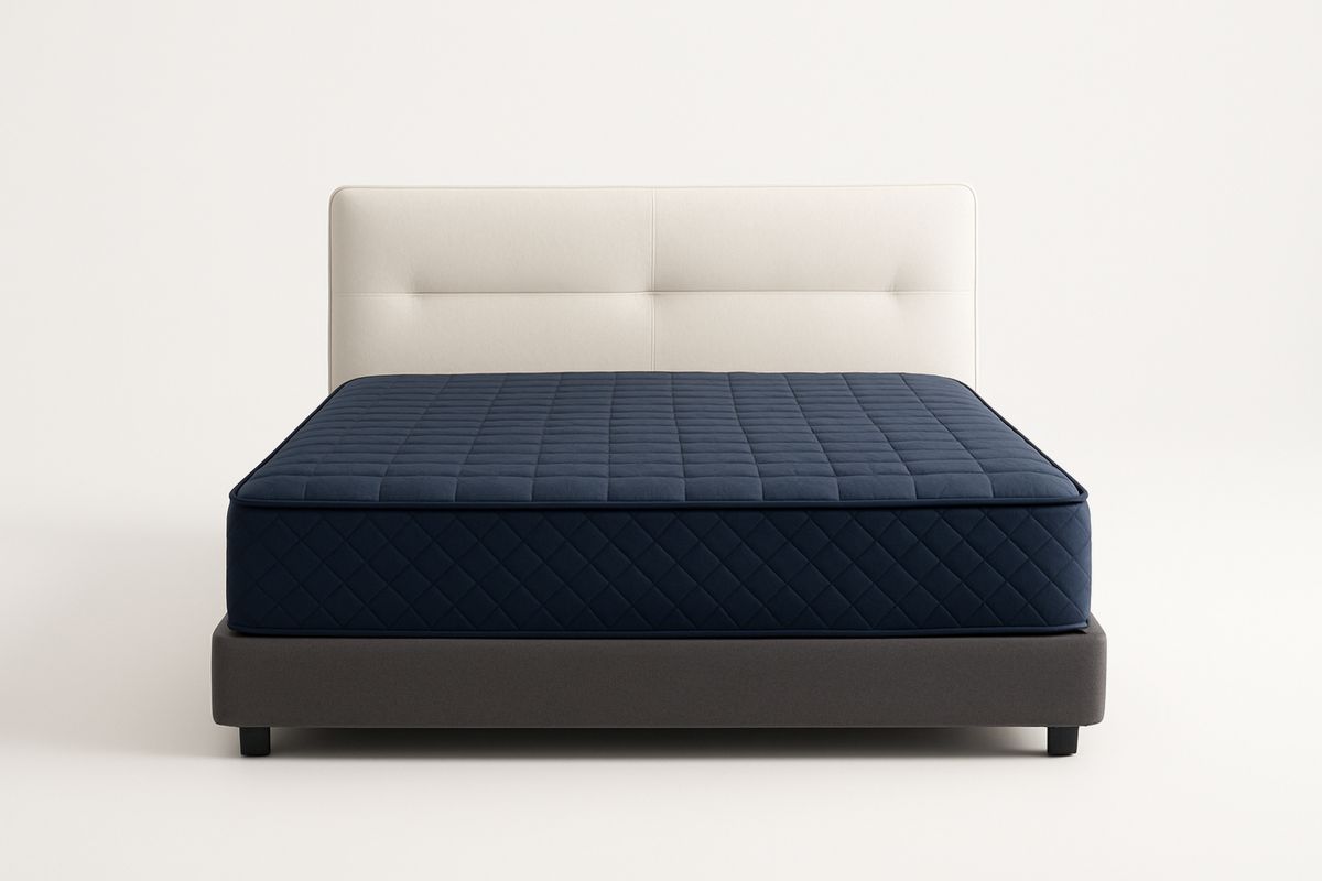 Polstret Dobbeltseng med Mørkeblå Madrass