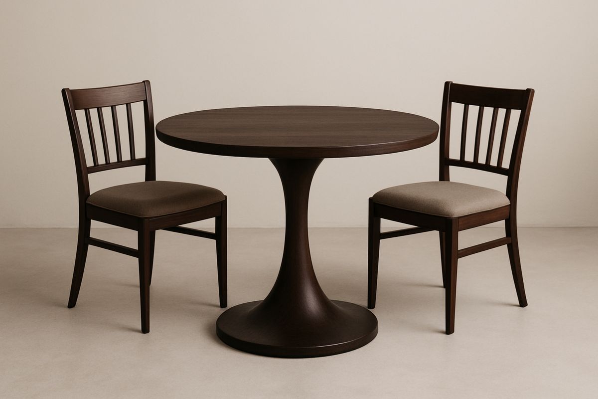 Rundt spisebordsett i tre med brun stolpute 120 cm