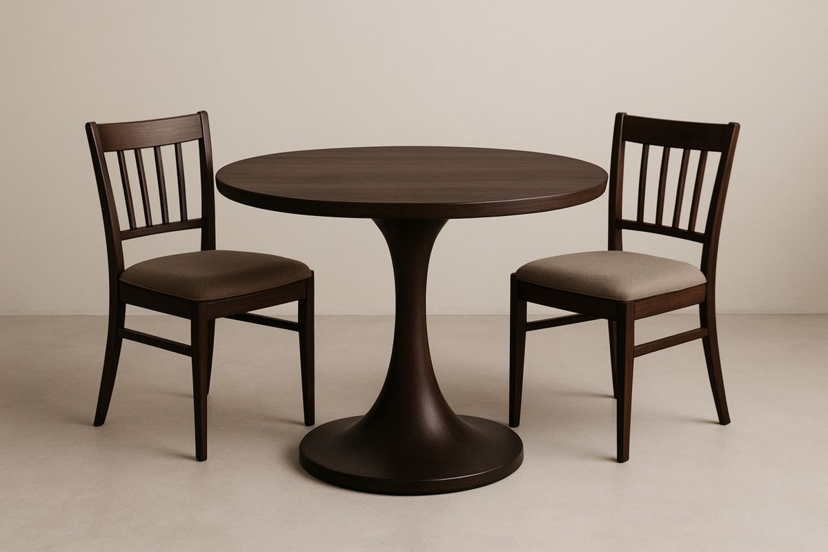 Rundt spisebordsett i tre med brun stolpute 120 cm