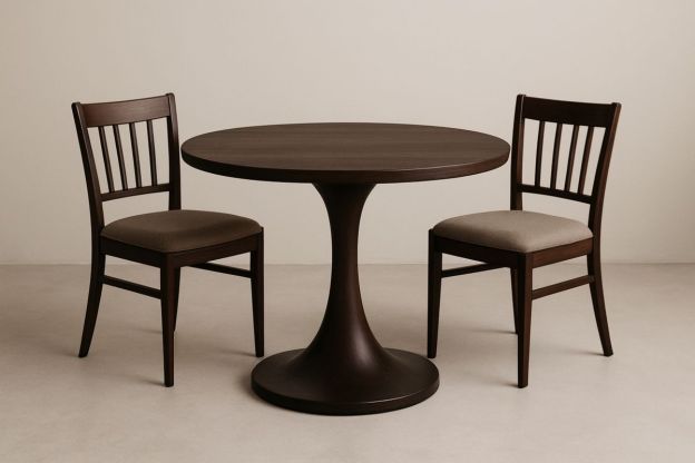 Rundt spisebordsett i tre med brun stolpute 120 cm