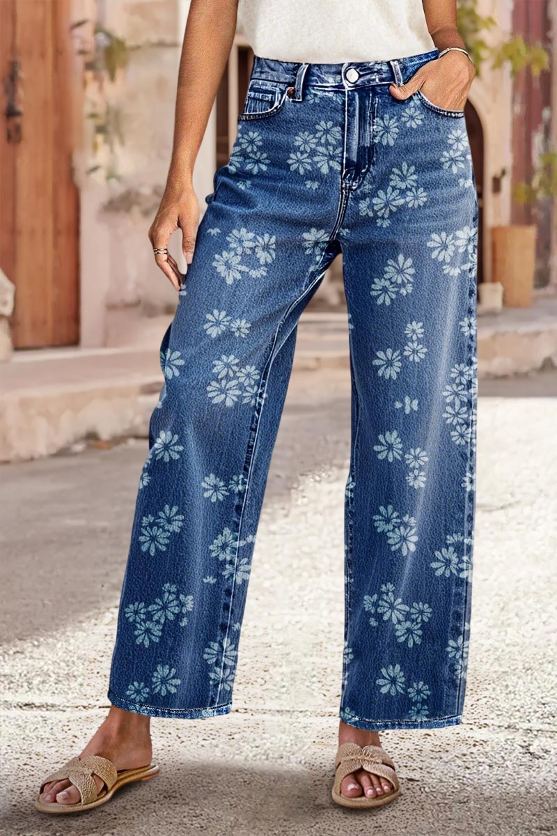 Allover Floral Pattern Straight Leg High Rise Jeans