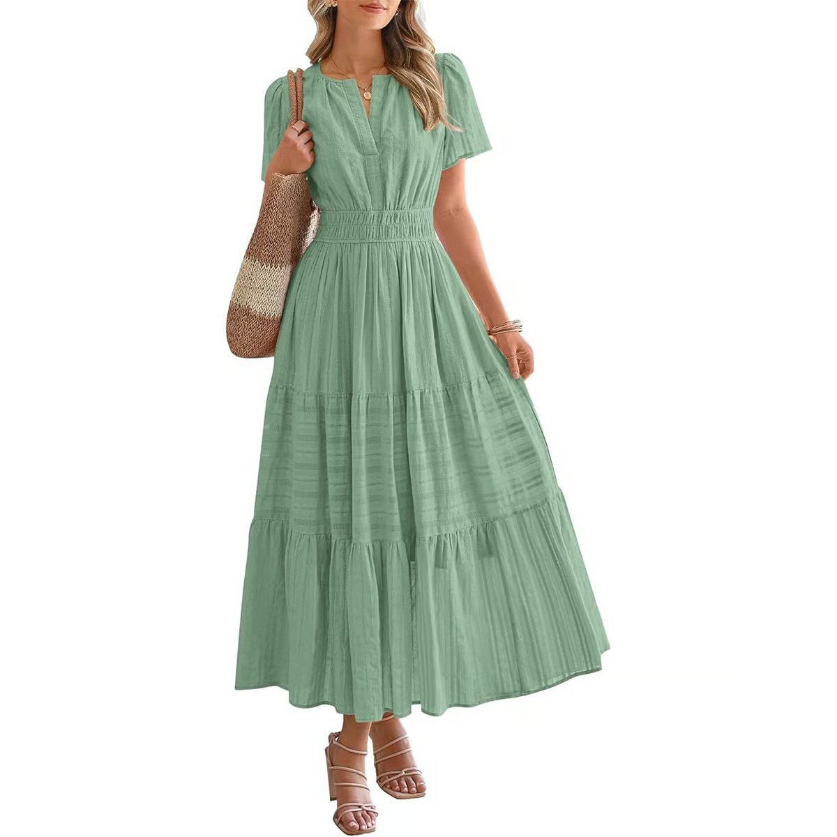 Women's Summer 2026 Casual Midi Maxi Dresses Lightweight Short Sleeve V Neck Elastic Waist Boho Beach Dress Pockets