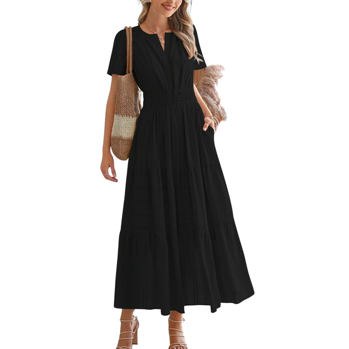 Women's Summer 2026 Casual Midi Maxi Dresses Lightweight Short Sleeve V Neck Elastic Waist Boho Beach Dress Pockets