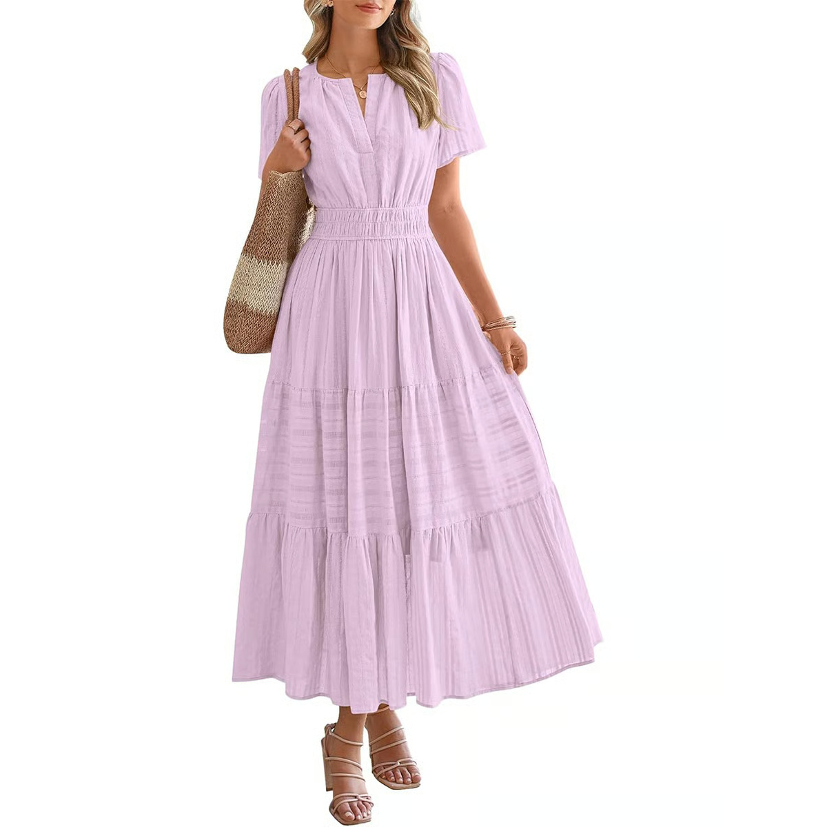 Women's Summer 2026 Casual Midi Maxi Dresses Lightweight Short Sleeve V Neck Elastic Waist Boho Beach Dress Pockets