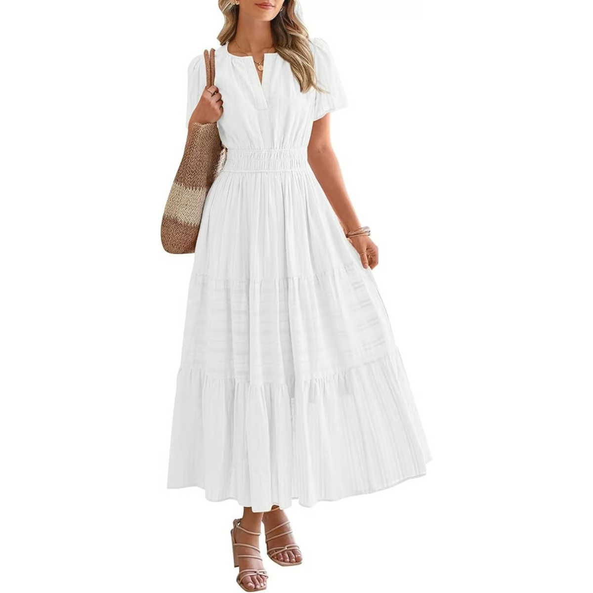 Women's Summer 2026 Casual Midi Maxi Dresses Lightweight Short Sleeve V Neck Elastic Waist Boho Beach Dress Pockets