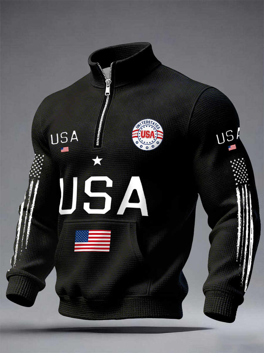 Men's USA Flag Waffle Sweatshirts American Flag Print Casual Quarter Zip Sweatshirt