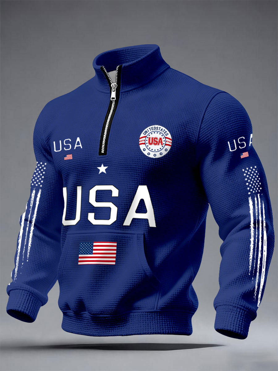 Men's USA Flag Waffle Sweatshirts American Flag Print Casual Quarter Zip Sweatshirt