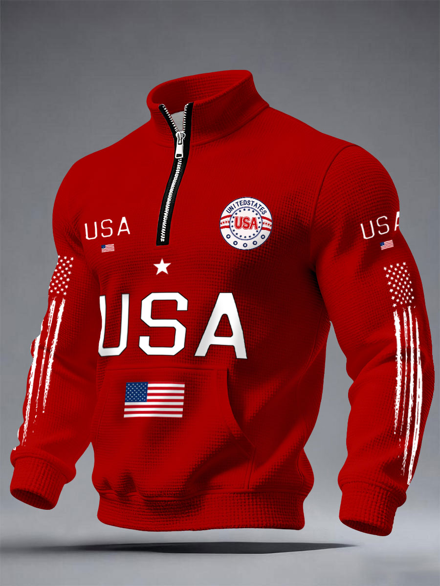 Men's USA Flag Waffle Sweatshirts American Flag Print Casual Quarter Zip Sweatshirt