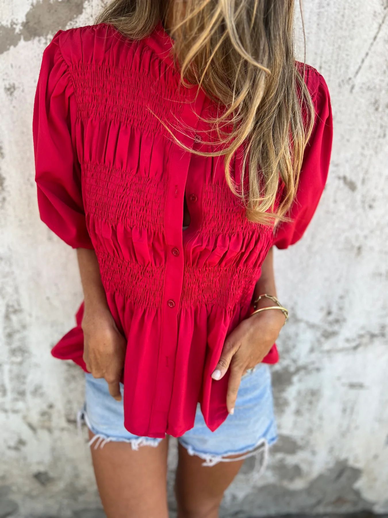 Women's Casual Pleated Round-neck Button Shirt