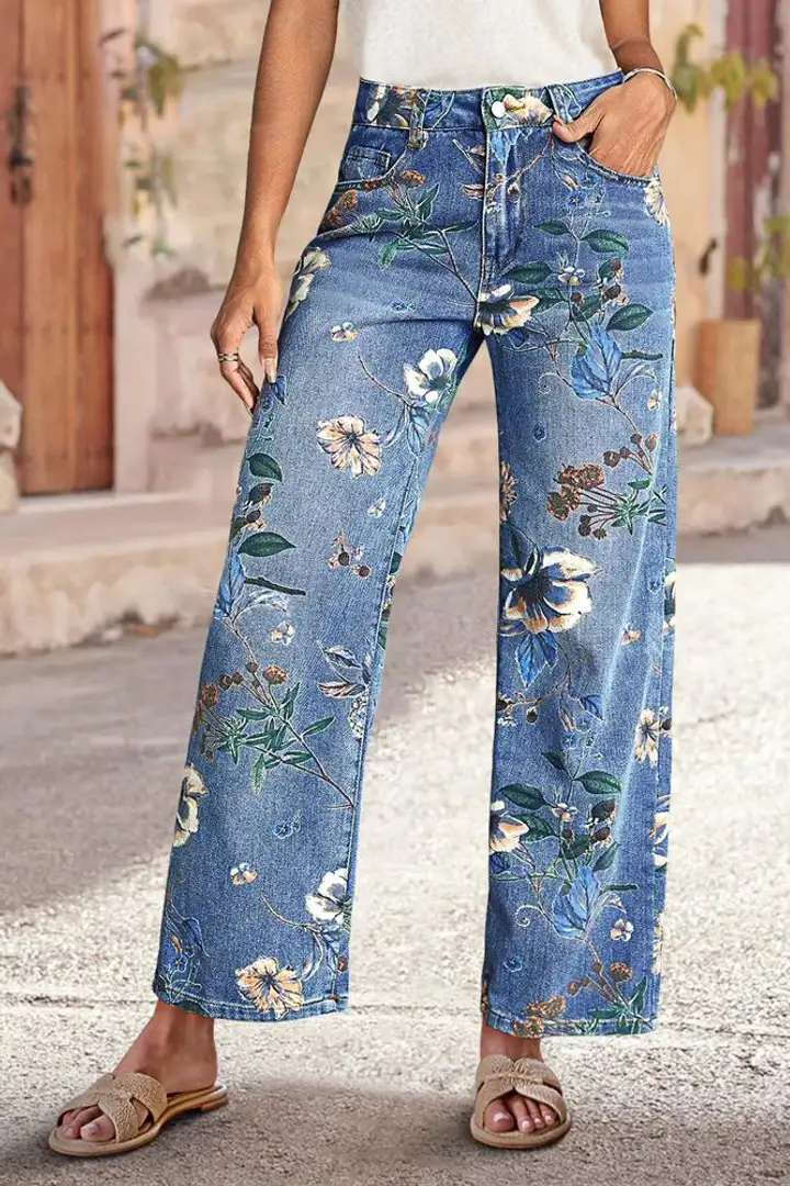 Allover Floral Pattern Straight Leg High Rise Jeans