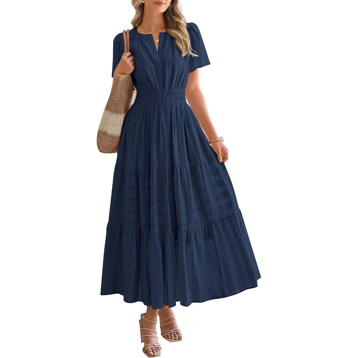 Women's Summer 2026 Casual Midi Maxi Dresses Lightweight Short Sleeve V Neck Elastic Waist Boho Beach Dress Pockets