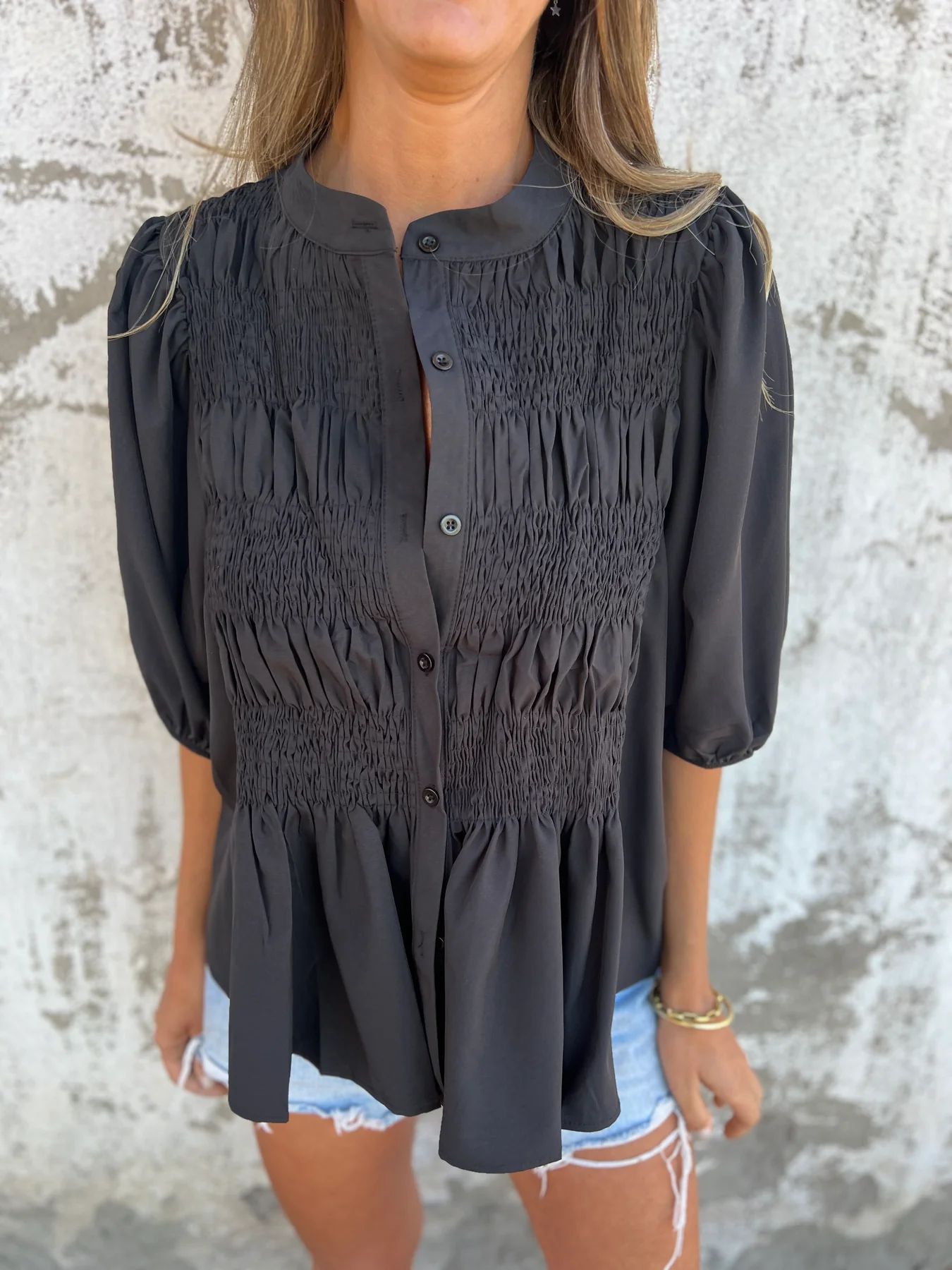 Women's Casual Pleated Round-neck Button Shirt