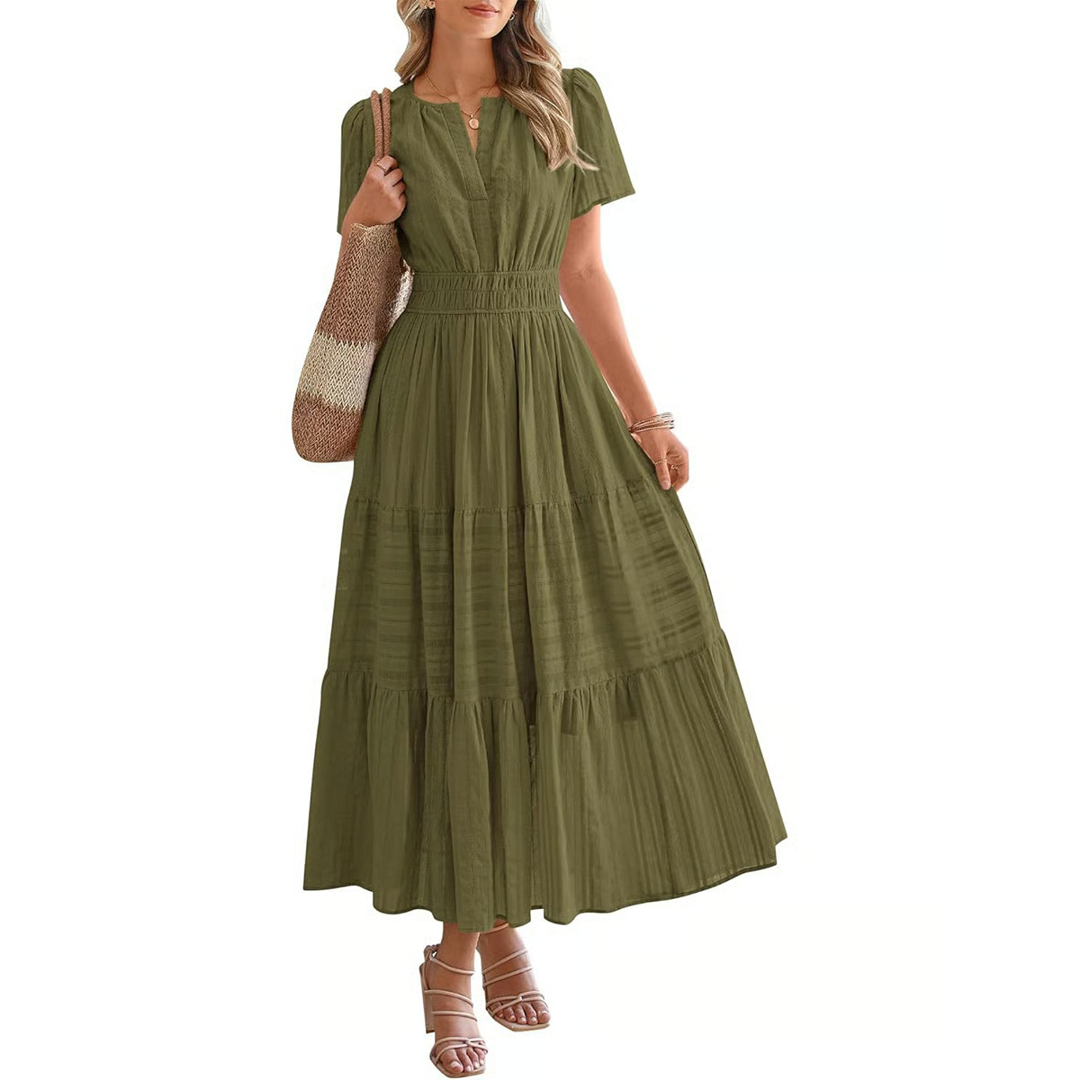 Women's Summer 2026 Casual Midi Maxi Dresses Lightweight Short Sleeve V Neck Elastic Waist Boho Beach Dress Pockets
