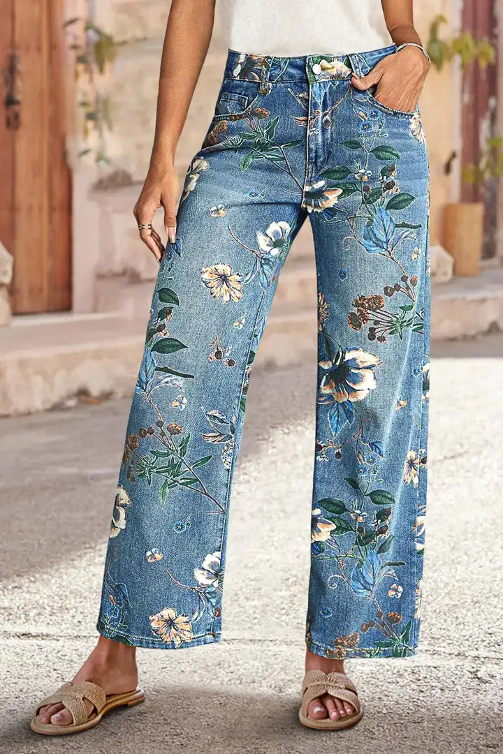 Allover Floral Pattern Straight Leg High Rise Jeans