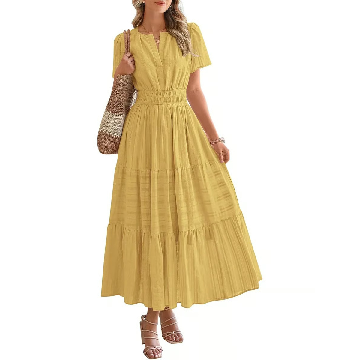 Women's Summer 2026 Casual Midi Maxi Dresses Lightweight Short Sleeve V Neck Elastic Waist Boho Beach Dress Pockets