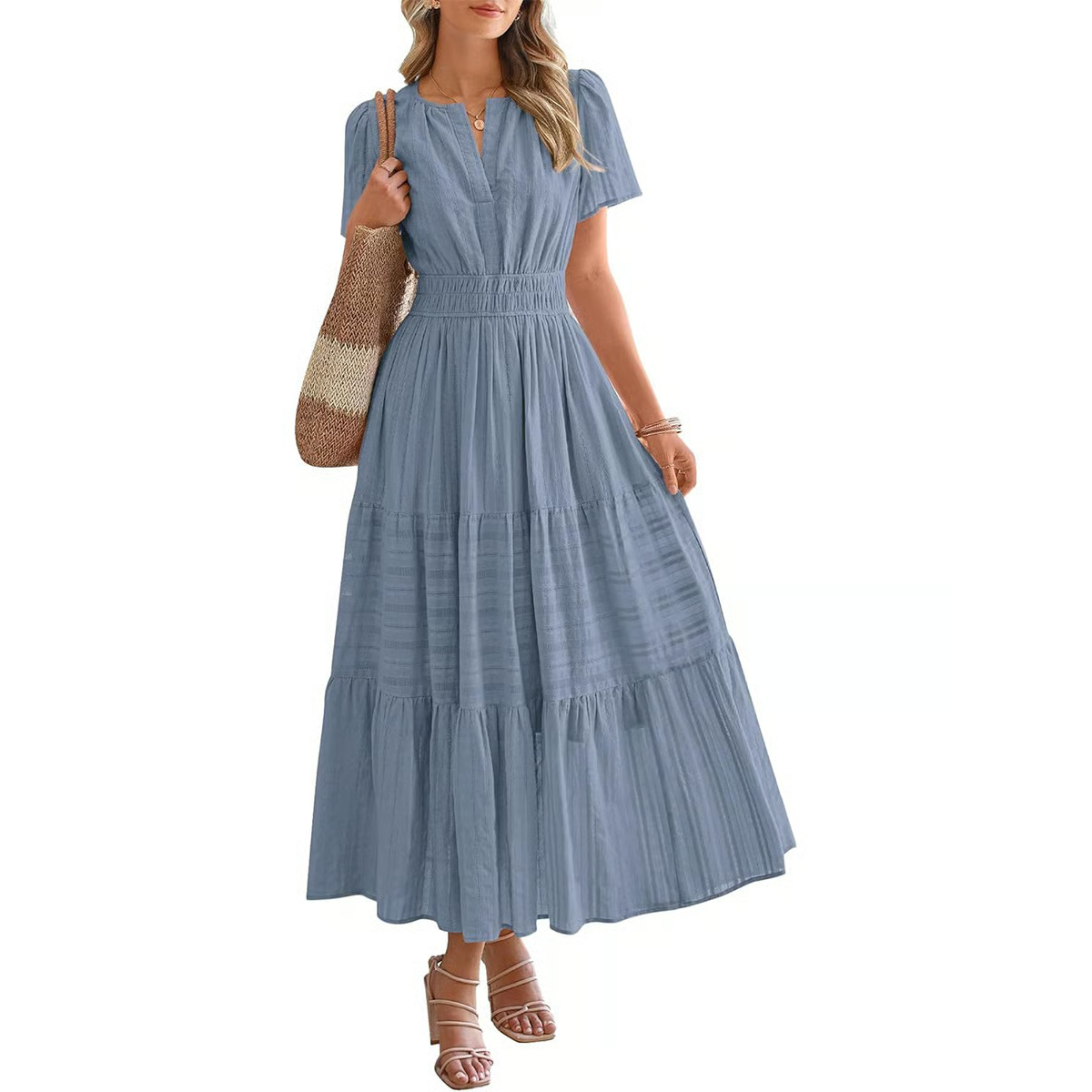 Women's Summer 2026 Casual Midi Maxi Dresses Lightweight Short Sleeve V Neck Elastic Waist Boho Beach Dress Pockets