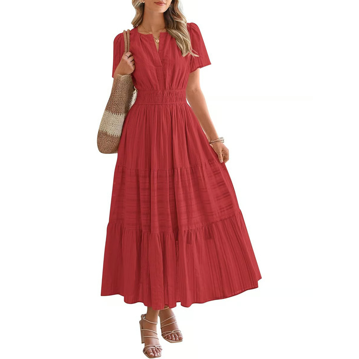 Women's Summer 2026 Casual Midi Maxi Dresses Lightweight Short Sleeve V Neck Elastic Waist Boho Beach Dress Pockets
