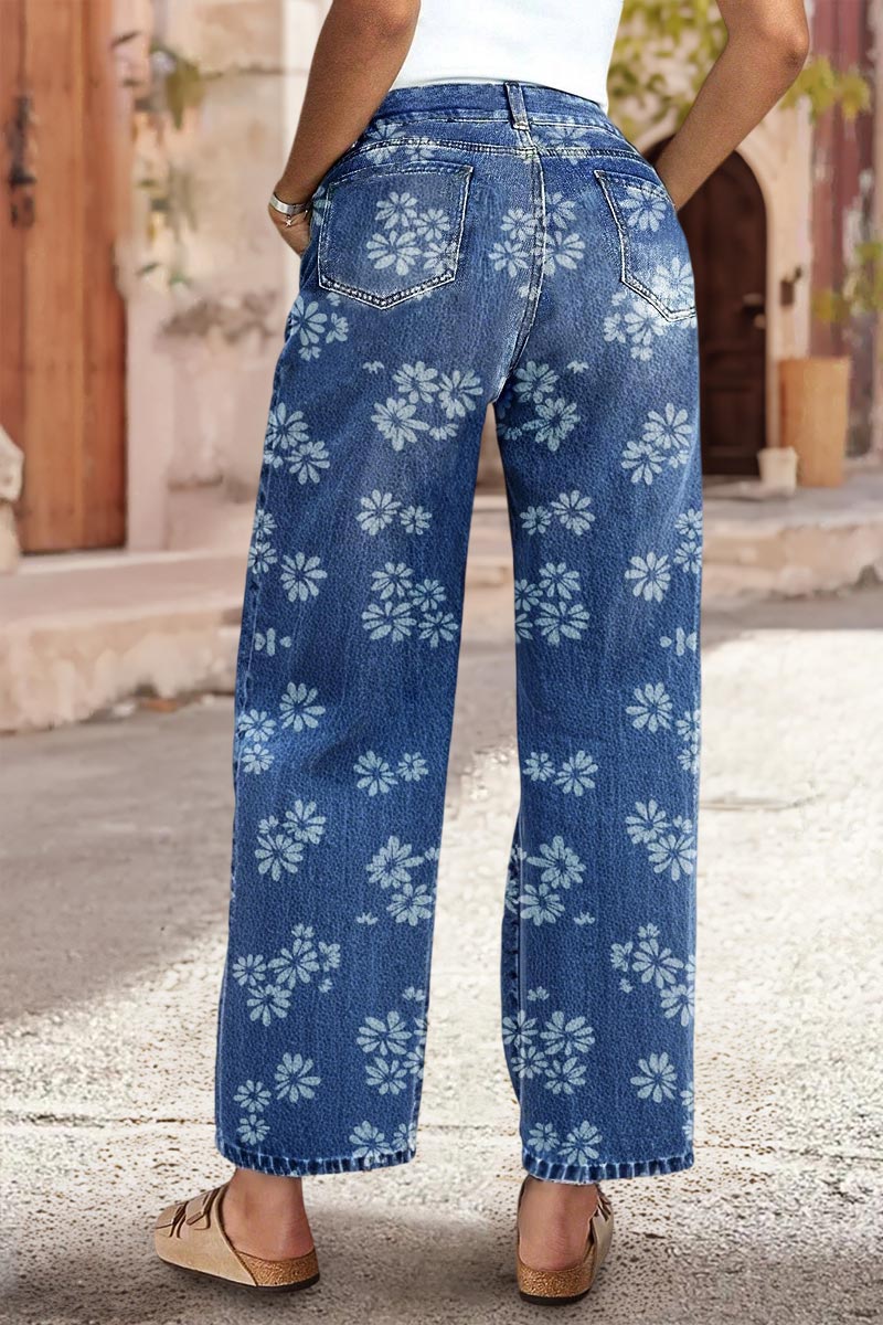 Allover Floral Pattern Straight Leg High Rise Jeans