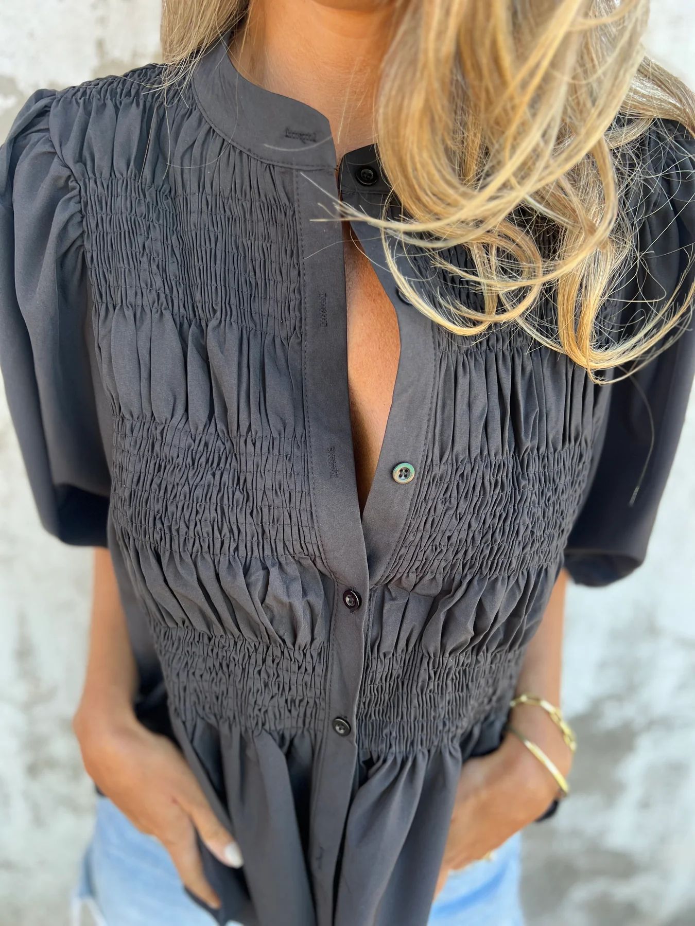 Women's Casual Pleated Round-neck Button Shirt