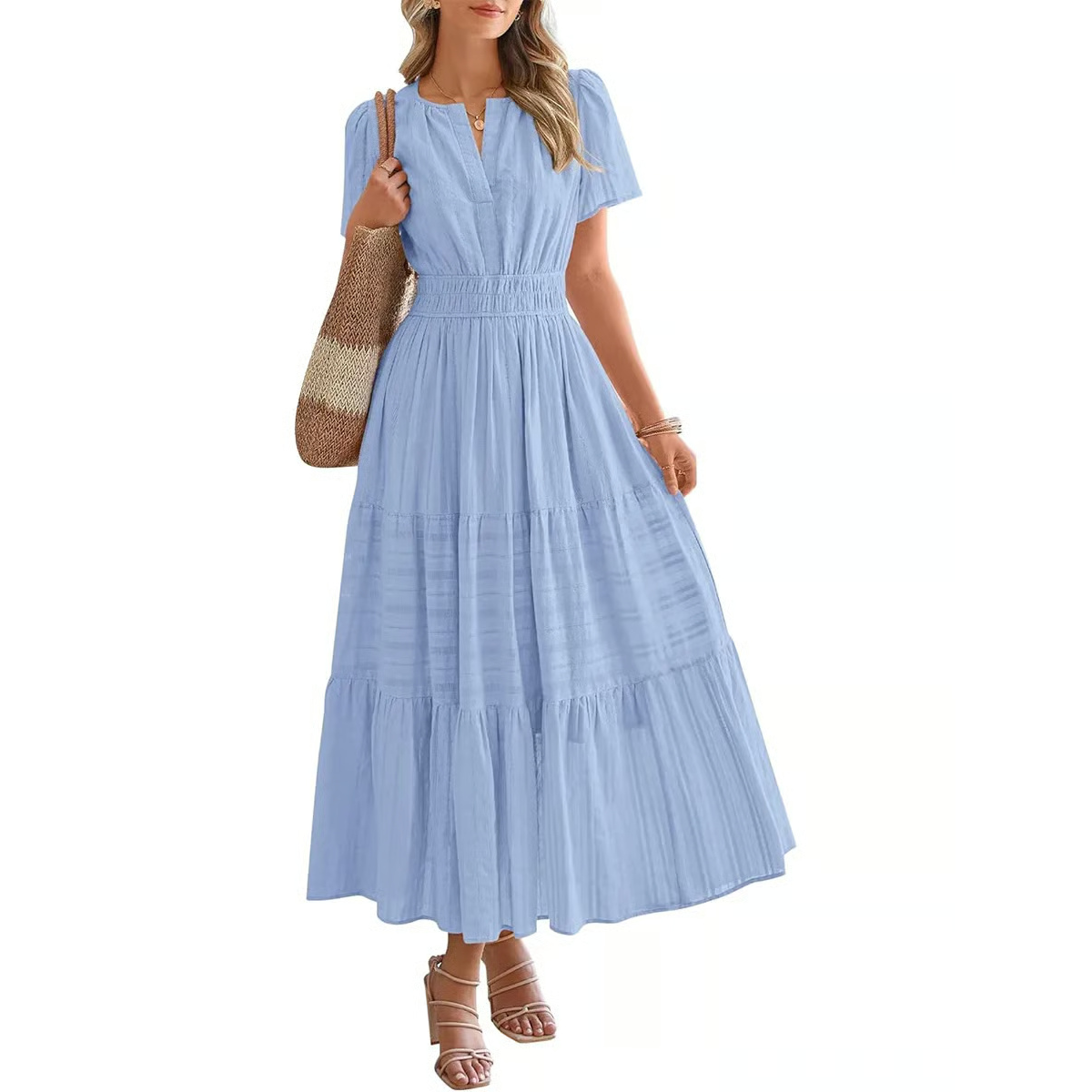 Women's Summer 2026 Casual Midi Maxi Dresses Lightweight Short Sleeve V Neck Elastic Waist Boho Beach Dress Pockets