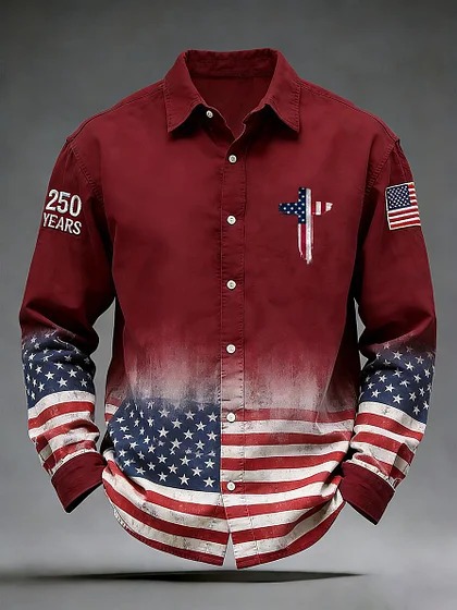 Men's Retro 250th Anniversary American Flag Long-Sleeve Shirt
