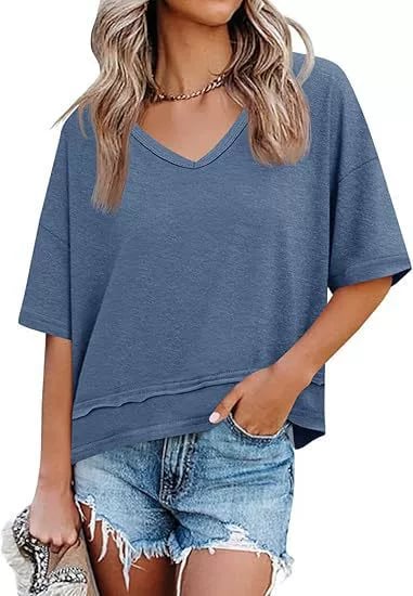 Women's V-neck Mid-length Sleeve Spliced Hem Basic Top