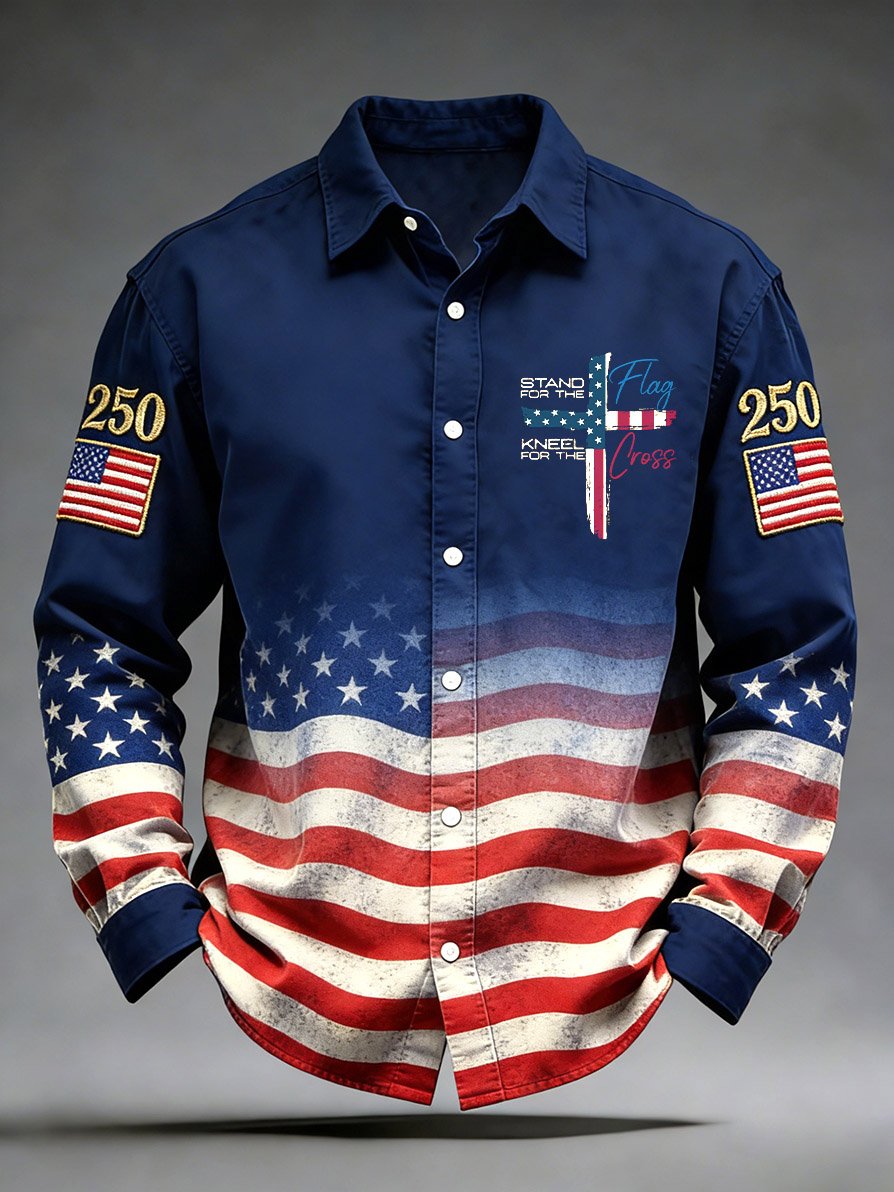 Men's Retro 250th Anniversary American Flag Long-Sleeve Shirt