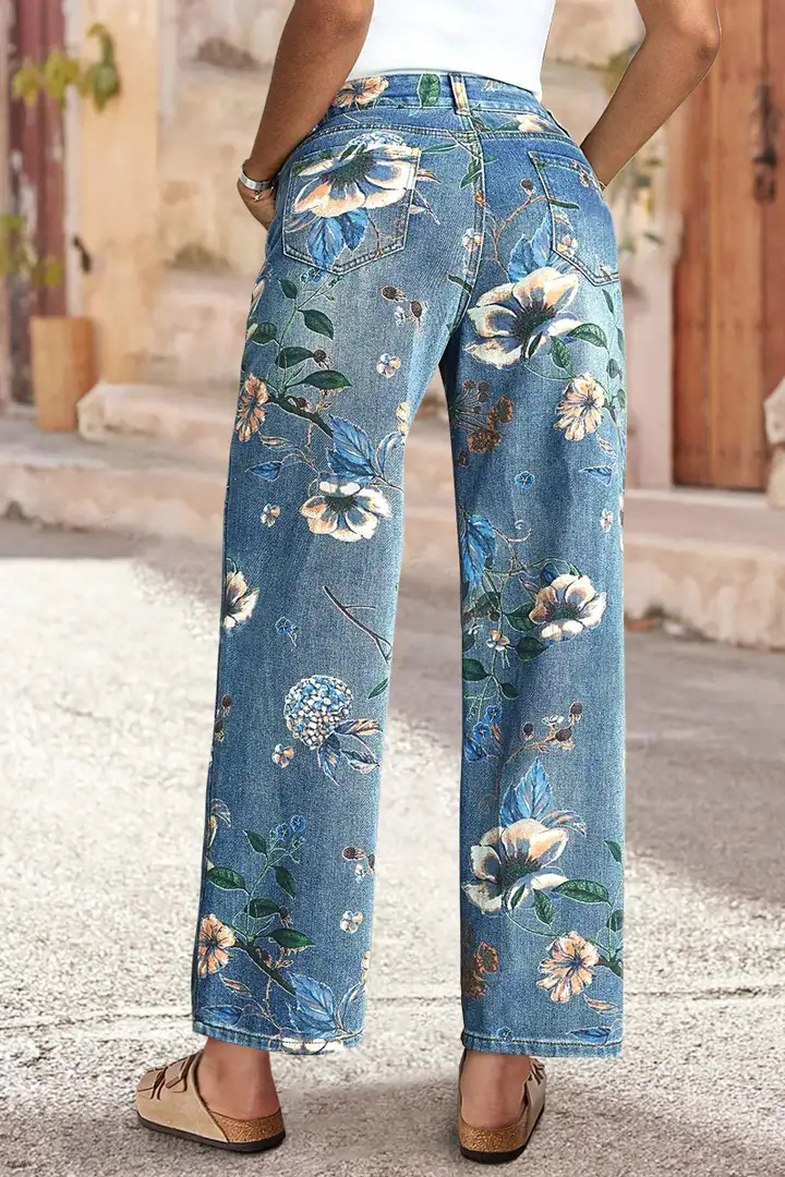 Allover Floral Pattern Straight Leg High Rise Jeans