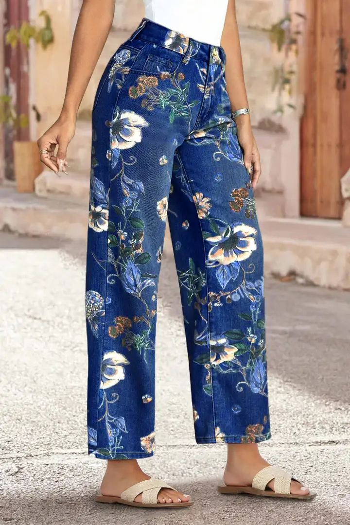Allover Floral Pattern Straight Leg High Rise Jeans