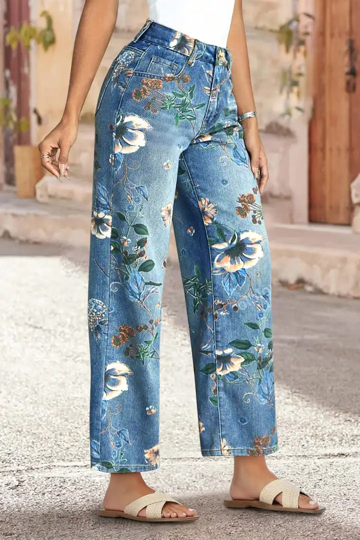 Allover Floral Pattern Straight Leg High Rise Jeans