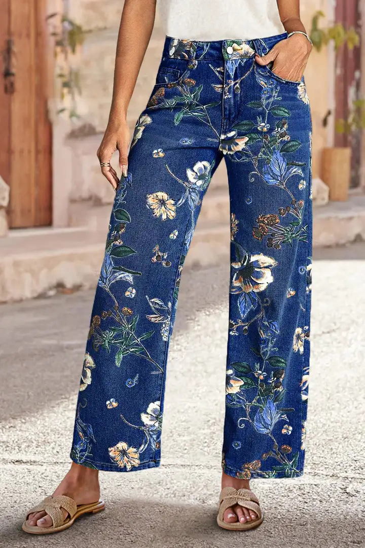 Allover Floral Pattern Straight Leg High Rise Jeans