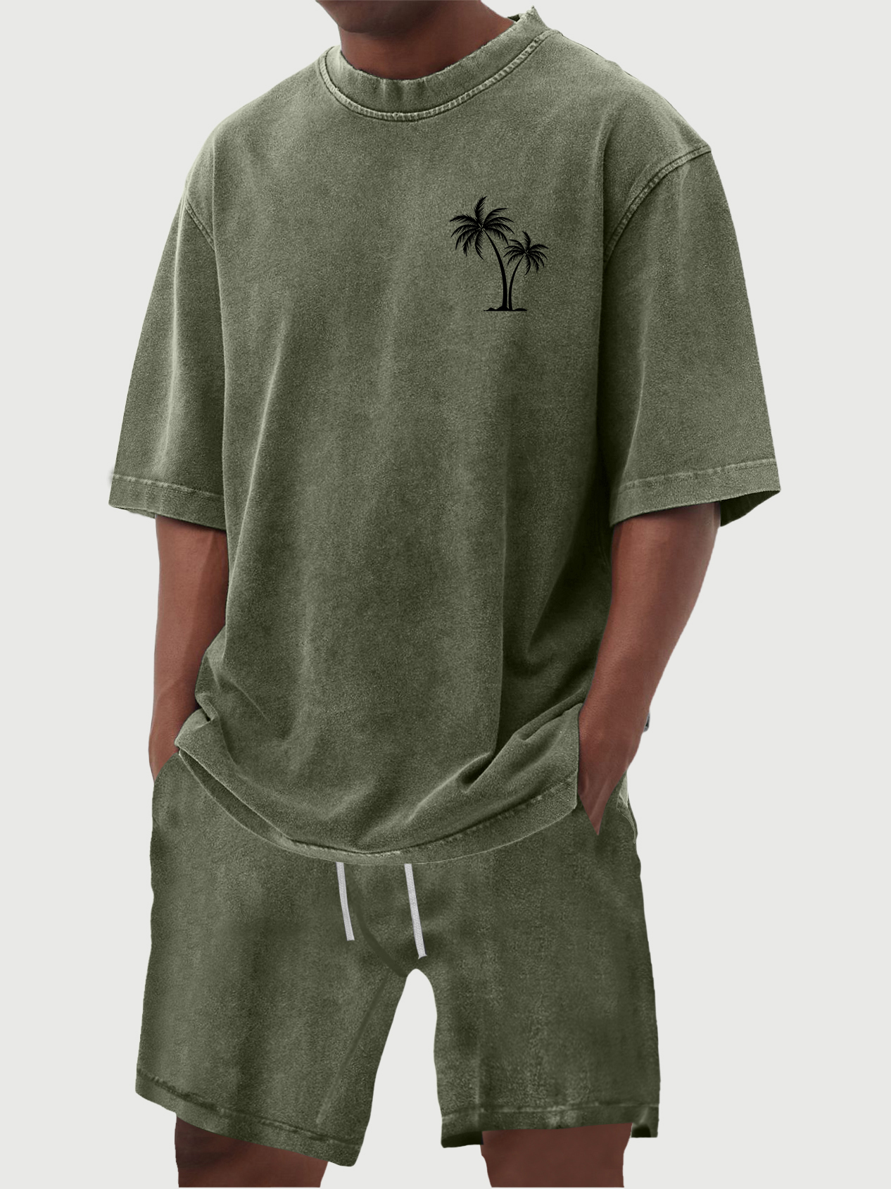 Men's 100% Cotton Vintage Distressed Washed Coconut Tree Print Short Sleeved Shirt Shorts Set