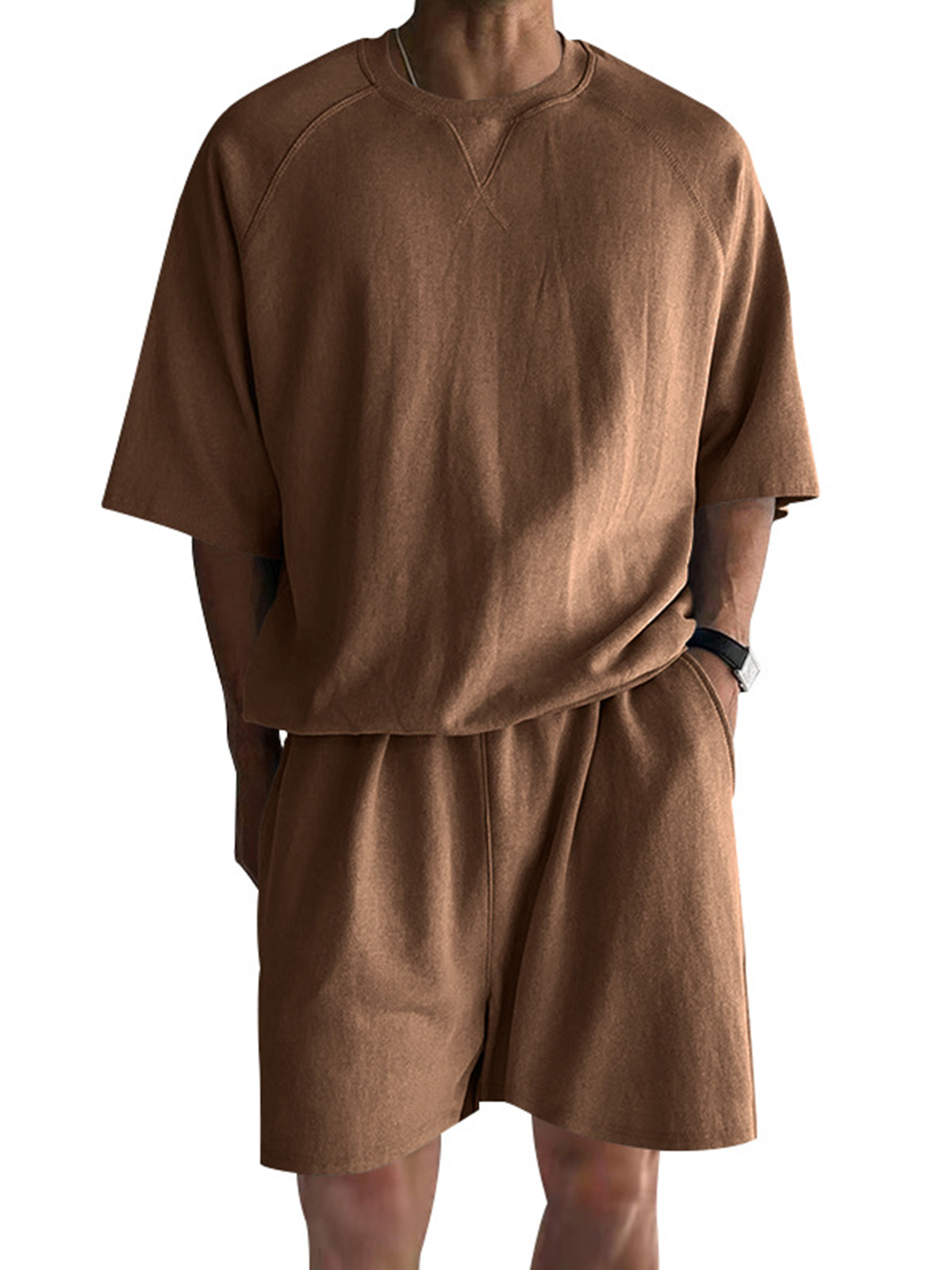 Men's Stylish Cotton Suit Crew Neck Raglan Sleeve Short-sleeved T-shirt and Shorts Daily Casual Two-piece Set