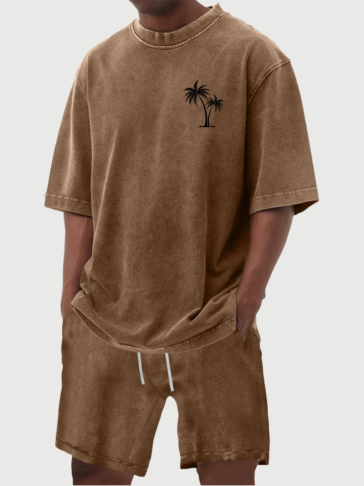 Men's 100% Cotton Vintage Distressed Washed Coconut Tree Print Short Sleeved Shirt Shorts Set