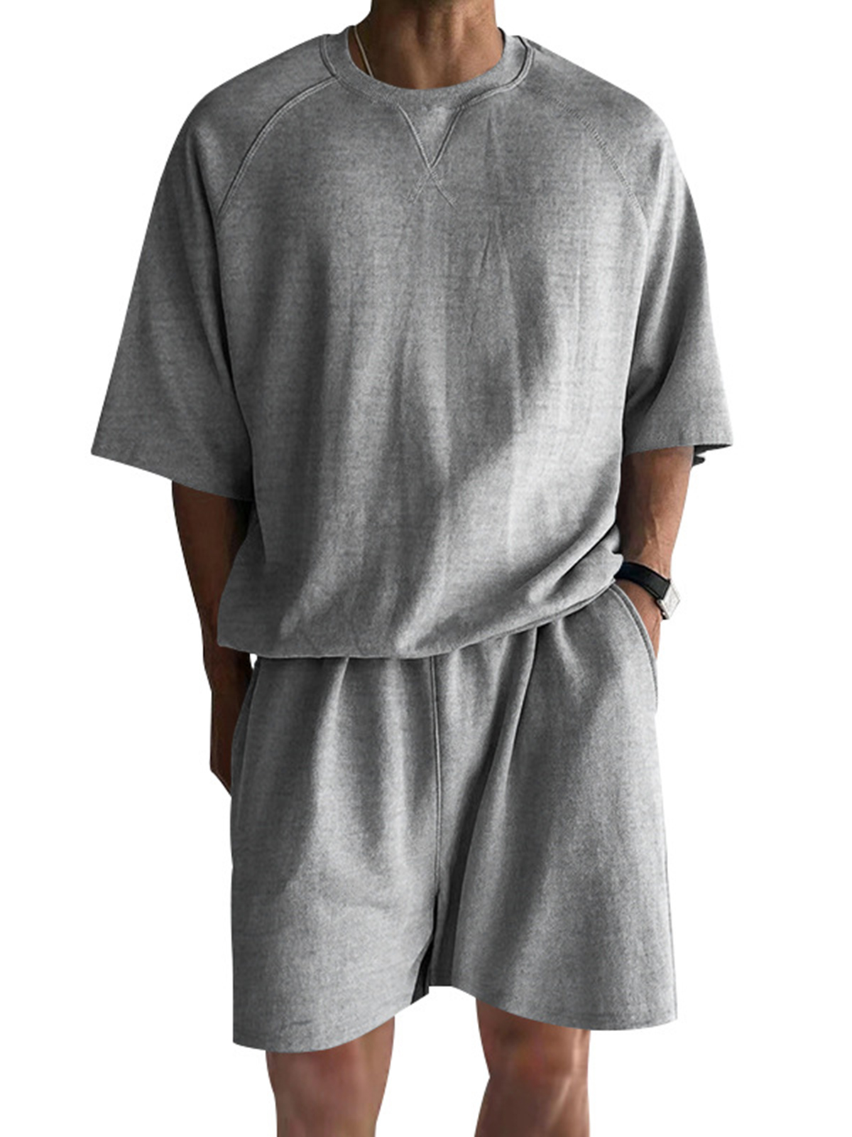 Men's Stylish Cotton Suit Crew Neck Raglan Sleeve Short-sleeved T-shirt and Shorts Daily Casual Two-piece Set