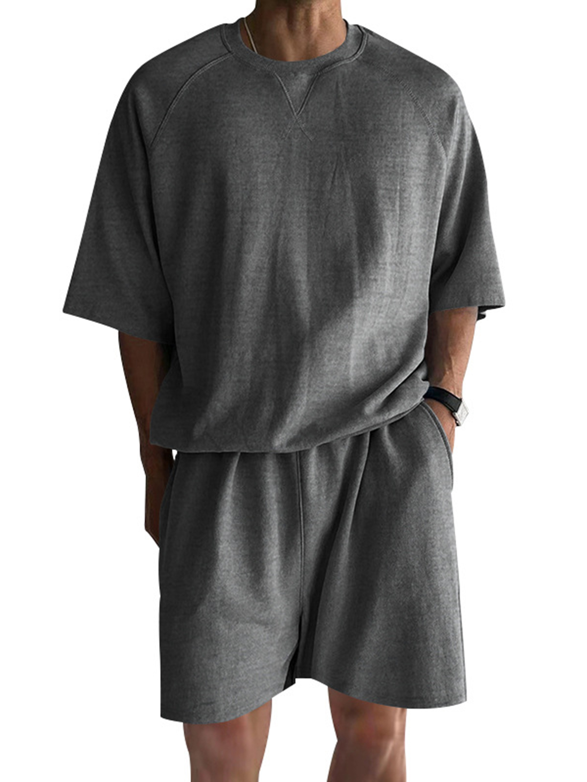 Men's Stylish Cotton Suit Crew Neck Raglan Sleeve Short-sleeved T-shirt and Shorts Daily Casual Two-piece Set