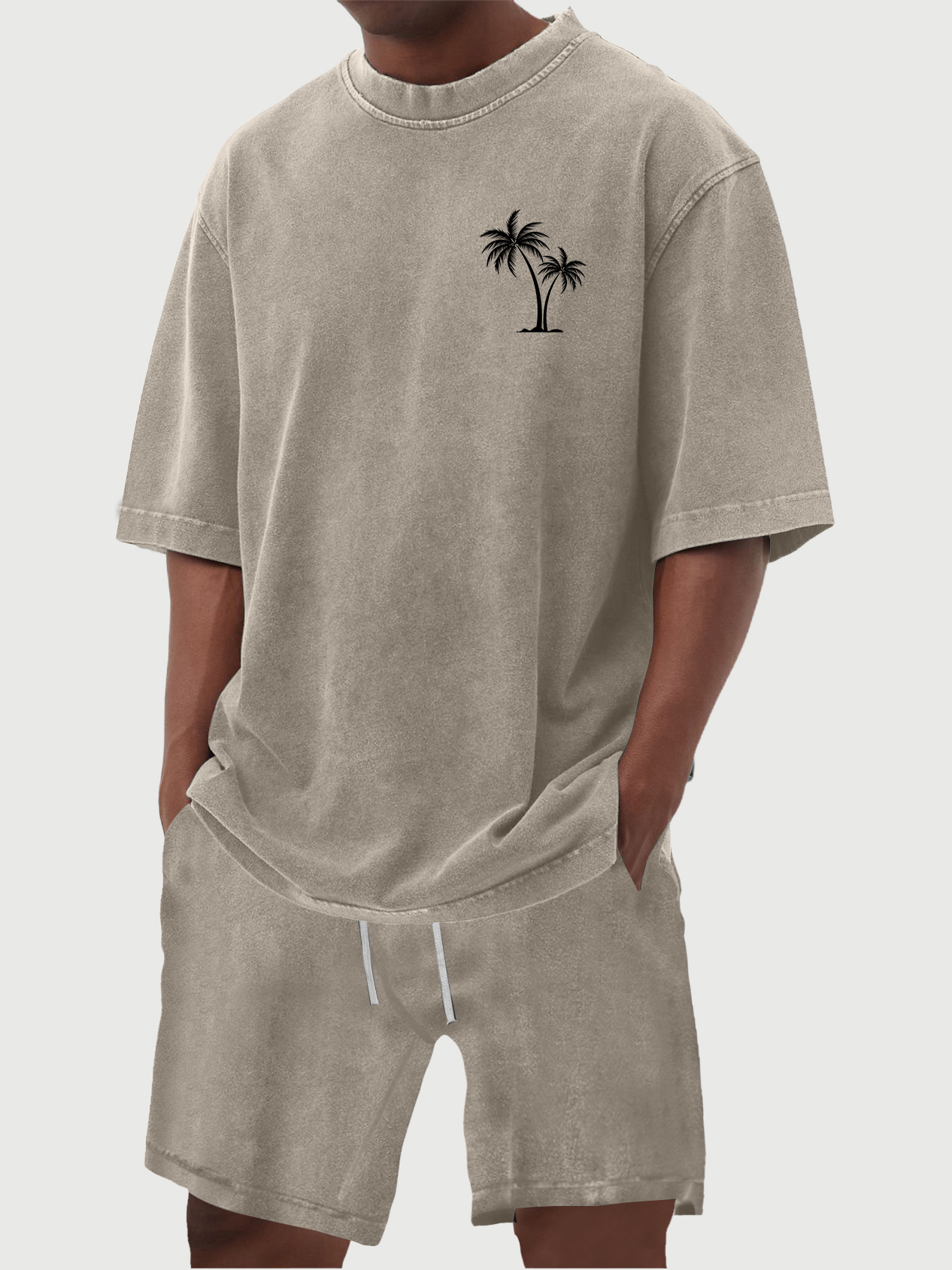 Men's 100% Cotton Vintage Distressed Washed Coconut Tree Print Short Sleeved Shirt Shorts Set